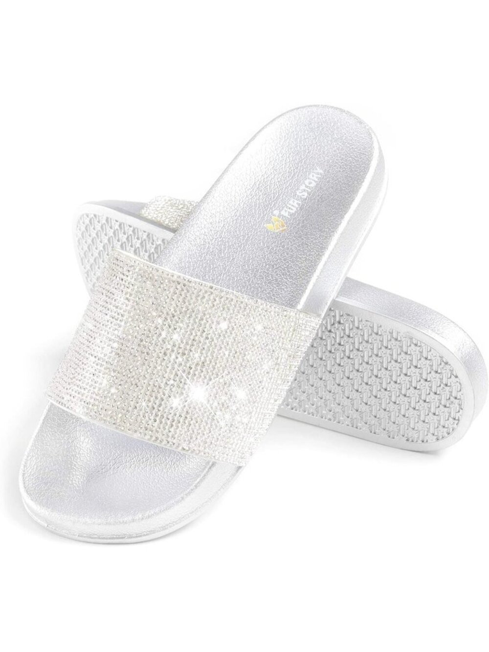 Women's White Slides House Slippers Rhinestone Glitter Slides Cute bling
